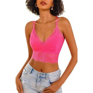 Women's Fluo Pink Lace Camisoles Double-layered V-neck Sexy Bralettes Crop Top